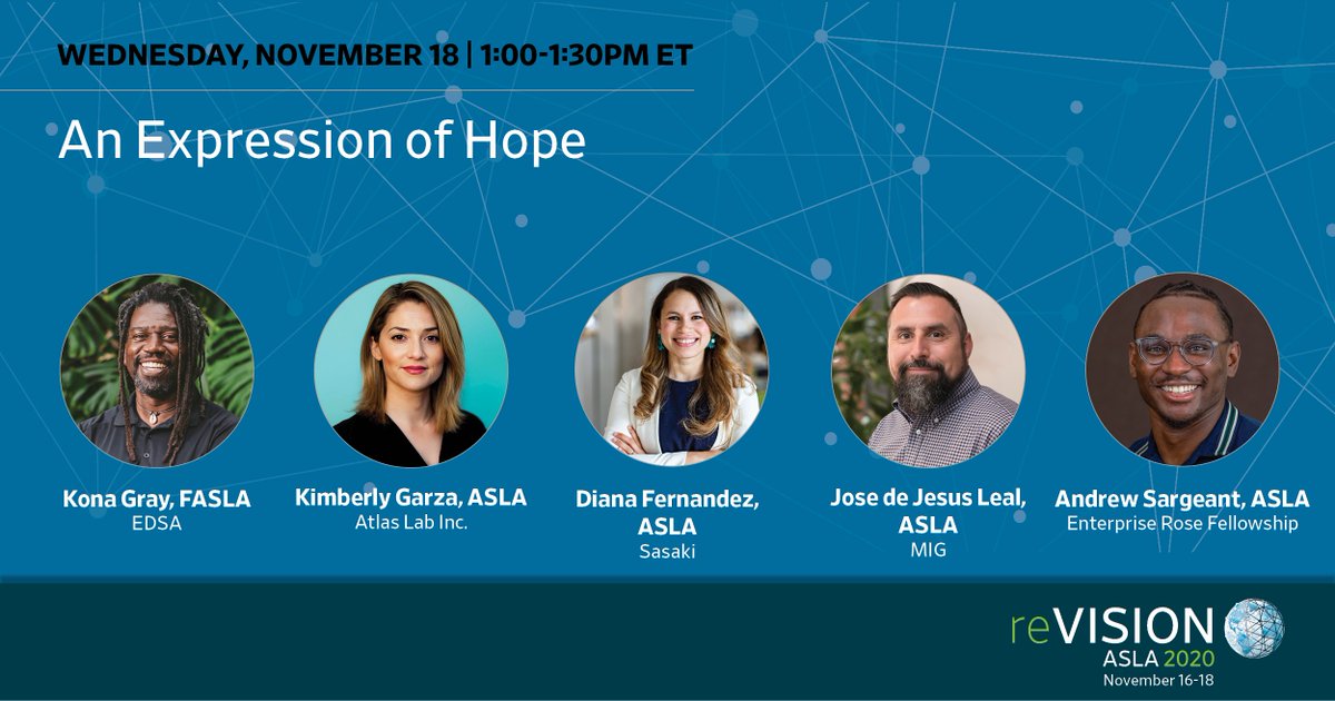 NationalASLA's tweet photo. Starting at 1:00 pm ET: An Expression of Hope. Tune in here: https://t.co/AXXFsE8kGl #reVISIONASLA2020 

Featuring this amazing panel:
@MIGCommunity @SasakiDesign @ATLASLab @EDSA_Inc @ByDesignDrew @DFernandezASLA @konagray

Reg by 3pm ET today to access sessions until Jan 31 🌿 https://t.co/7vhDtuWdBa