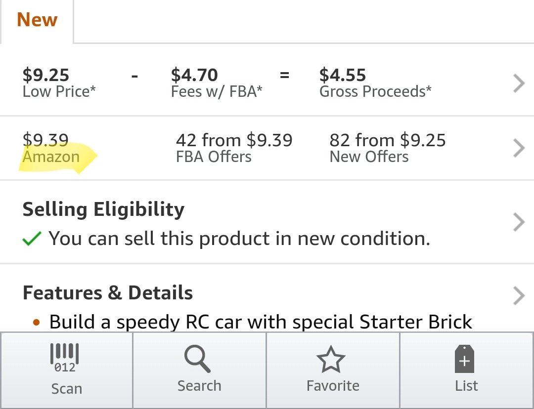 Last if Amazon is selling the item, more than likely you will not want to sell it as they tend not to share the buy box.(no sales)Keepa will tell if they share!This is for new items not for used as Amazon rarely sells used.(Start in used items for less restrictions)