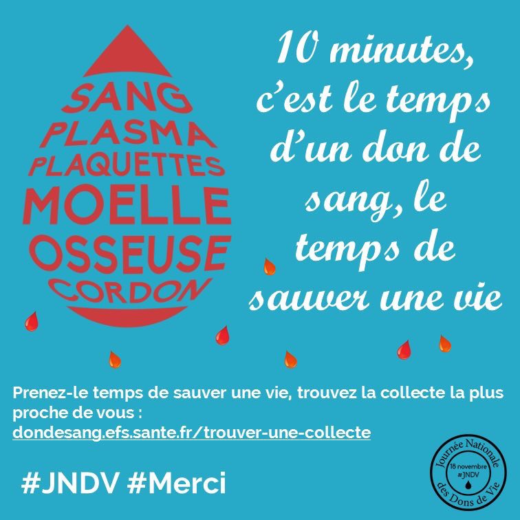 L’EFS s’associe à la #JNDV journée nationale des dons de vie initiée par son association partenaire <a href="/AssoACCL/">Association Cassandra ACCL</a> qui lutte contre la leucémie et plus généralement contre les cancers pédiatriques #dondesang