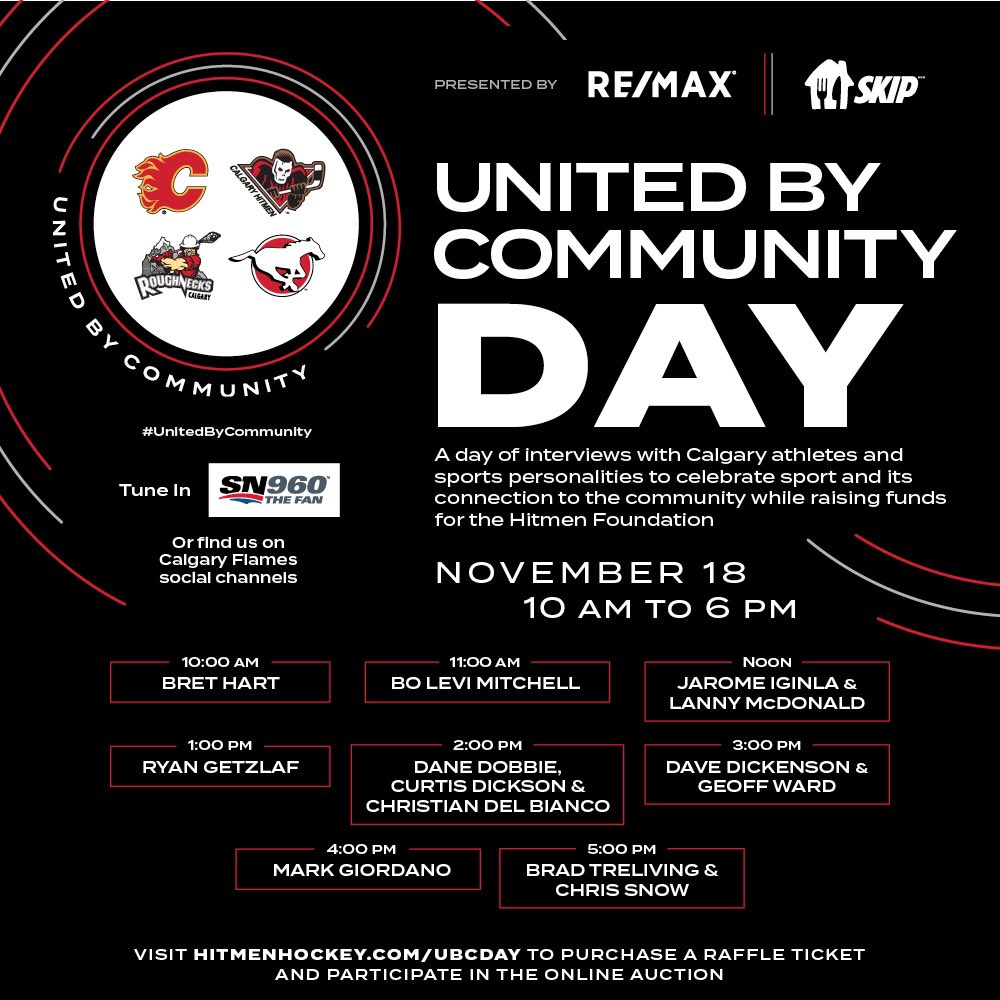 Join Rob Kerr and Brad Curle throughout the day to celebrate sport and its connection to our city and Southern Alberta while raising funds for the Calgary Hitmen Foundation #unitedbycommunity #yyc #GivingBack