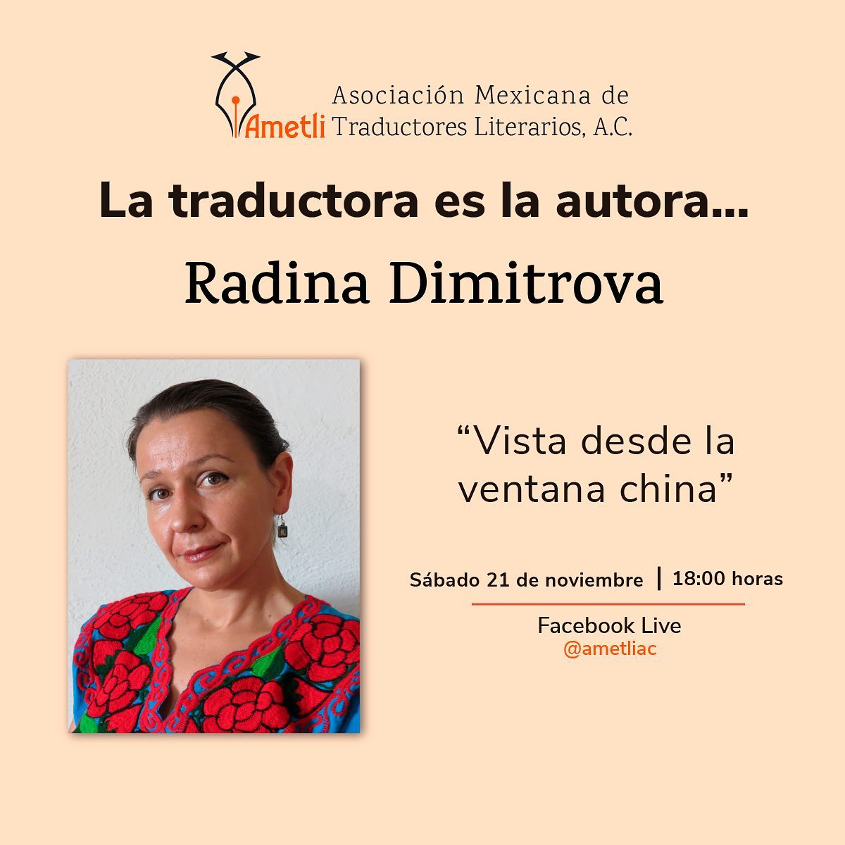 ametliac's tweet photo. Próxima charla del ciclo “La traductora es la autora”, ahora con nuestra querida asociada Radina Dimitrova 🇨🇳
#traducción #literatura #traducciónliteraria  #libros #leer #traducir #traductora #traductorautor #autortraductor #traducciones #chino #español #Ametli #ciclodecharlas https://t.co/N3wwqJUWcM