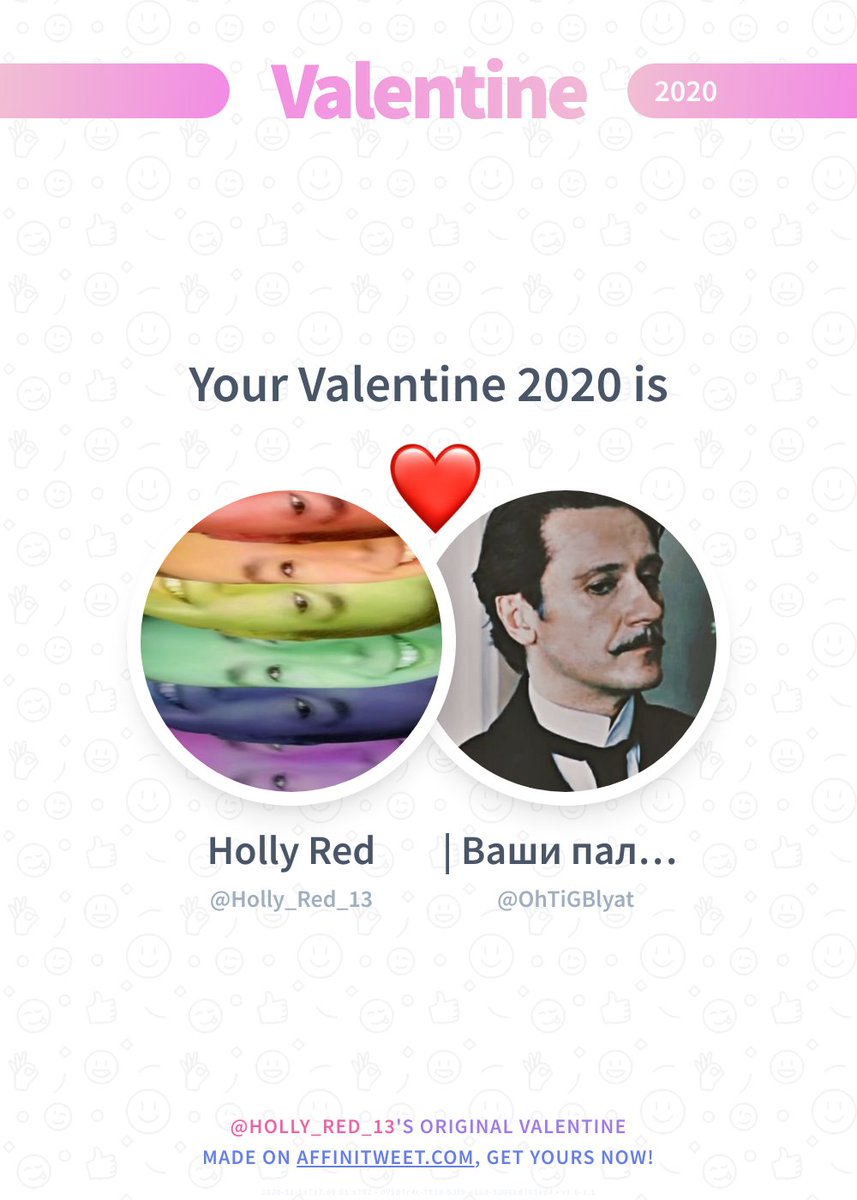 ✨ Valentine

This year you're mine OhTiGBlyat! ❤️
And you, whom will be yours?

➡️ affinitweet.com/valentine
