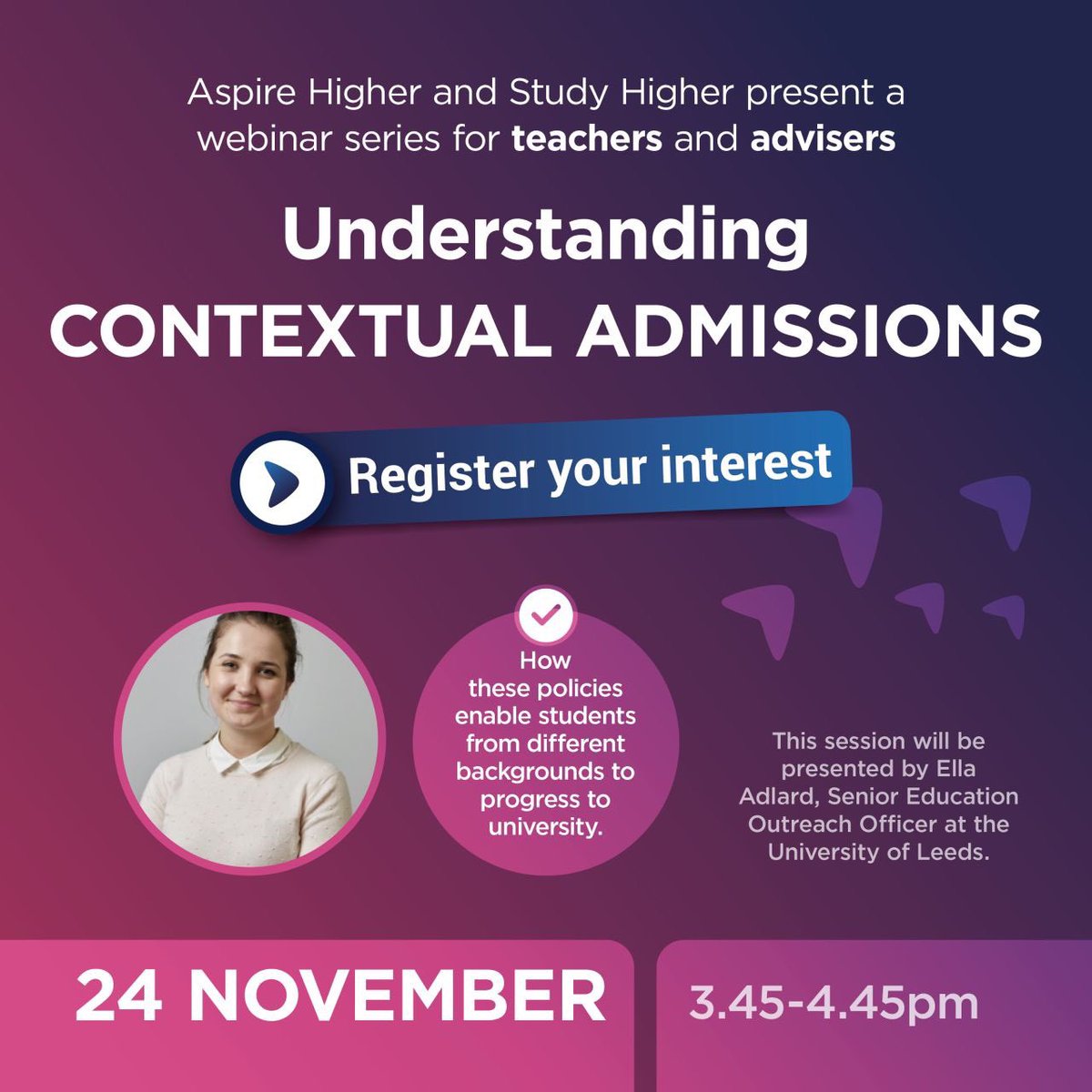 ppage72's tweet image. Really excited that Aspire Higher are collaborating with Study Higher for a series of Teacher and Advisor Webinars! Join us next week on 24th November at 3:45 pm to learn more about how you can support your students with Contextualised Admissions.