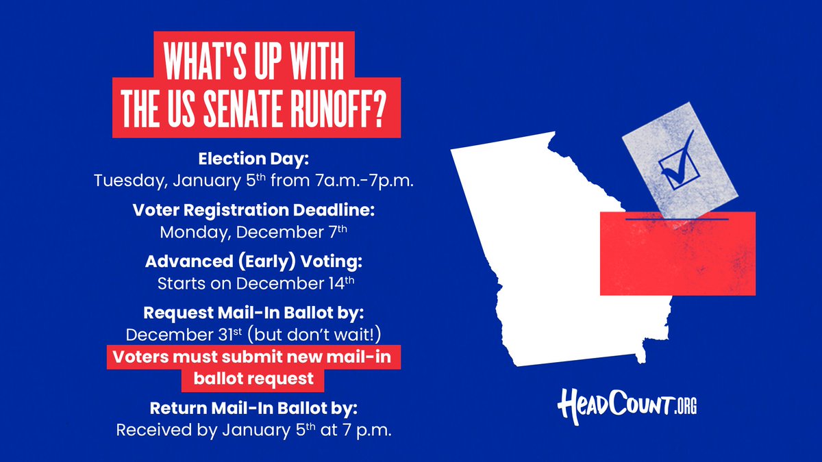 Image may contain: text that says 'WHAT'S UP WITH THE US SENATE RUNOFF? Election Day: Tuesday, January 5th from 7a.m.-7p.m. Voter Registration Deadline: Monday, December 7h Advanced (Early) Voting: Starts on December 14th Request Mail-In Ballot by: December 31st (but don't wait! Voters must submit new mail-in ballot request Return Mail-In Ballot by: Received by January 5th at 7 p.m. HeaDCOUNT.ORG' .