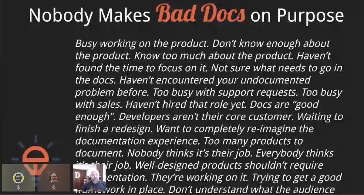 APItheDocs's tweet image. Nobody Makes Bad Docs on Purpose :) @adamd on &quot;Machine-readable Developer Experience&quot; at @APItheDocs Virtual

#DevPortals #DeveloperExperience #APIs