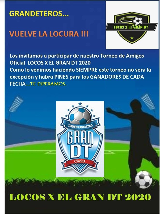 locos_dt's tweet photo. Buenas tardes 
#Grandeteros⚽‼️
Manaña arranca una nueva edición de @GranDToficial 
Y como de costumbre seguimos con el Torneo de amigos Oficial 𝙇𝙊𝘾𝙊𝙎 𝙓 𝙀𝙇 𝙂𝙍𝘼𝙉 𝘿𝙏 2020
Postulense, habrá pines a los ganadores de cada Fecha 🥳
Los esperamos 💪💪 https://t.co/hKwcBx4TwR