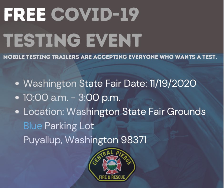 Please help us spread the word that FREE drive-thru COVID-19 testing will be available at the @WAStateFair Blue Lot, tomorrow, November 19th, 10:00 AM to 3:00 PM. State Fair