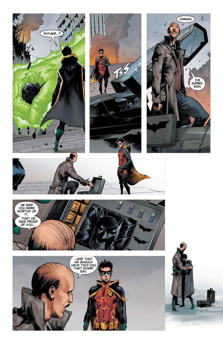He was terrified that the last batfam member he was gonna see would be killed in the first panel.His last hope of Batman's survival was shattered after Alfred showed him what was inside the case,you can see how it affected him in the second panel's last moment if you look closely