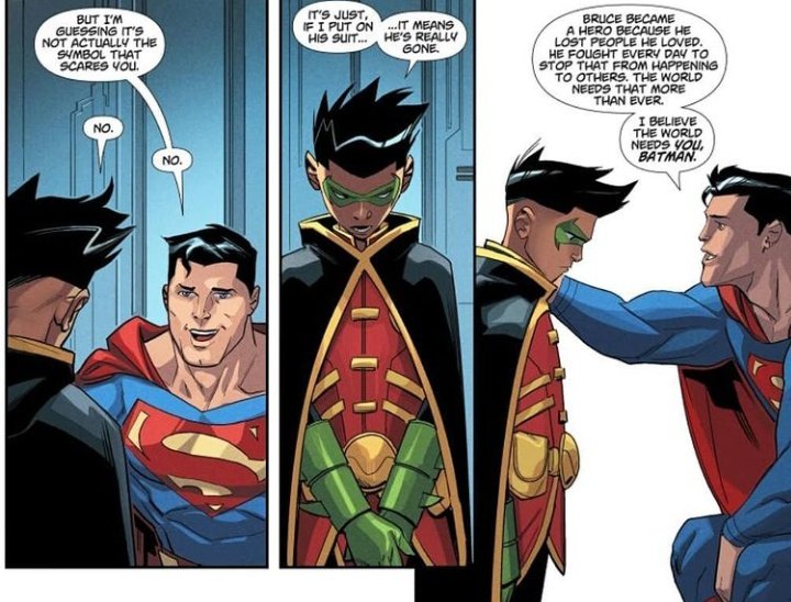 Damian didn't want to wear the bat suit, not because of the burden but because to him, that meant accepting that his father was truly gone with others.. Thankfully with Superman's hope and courage, Damian was able to overcome that feeling and accept it.