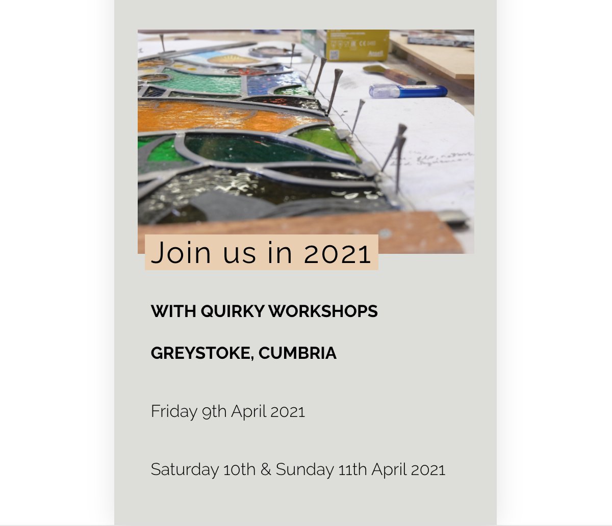 Here's hoping for next year: Introductory Stained Glass Courses in Cumbria <a href="/QuirkyWorkshops/">Greystoke Craft Garden (formerly Cycle Cafe)</a> 2021

More Info and Booking: quirkyworkshops.co.uk/quirky-worksho…

#craftskills #courses #heritage #makeityourself