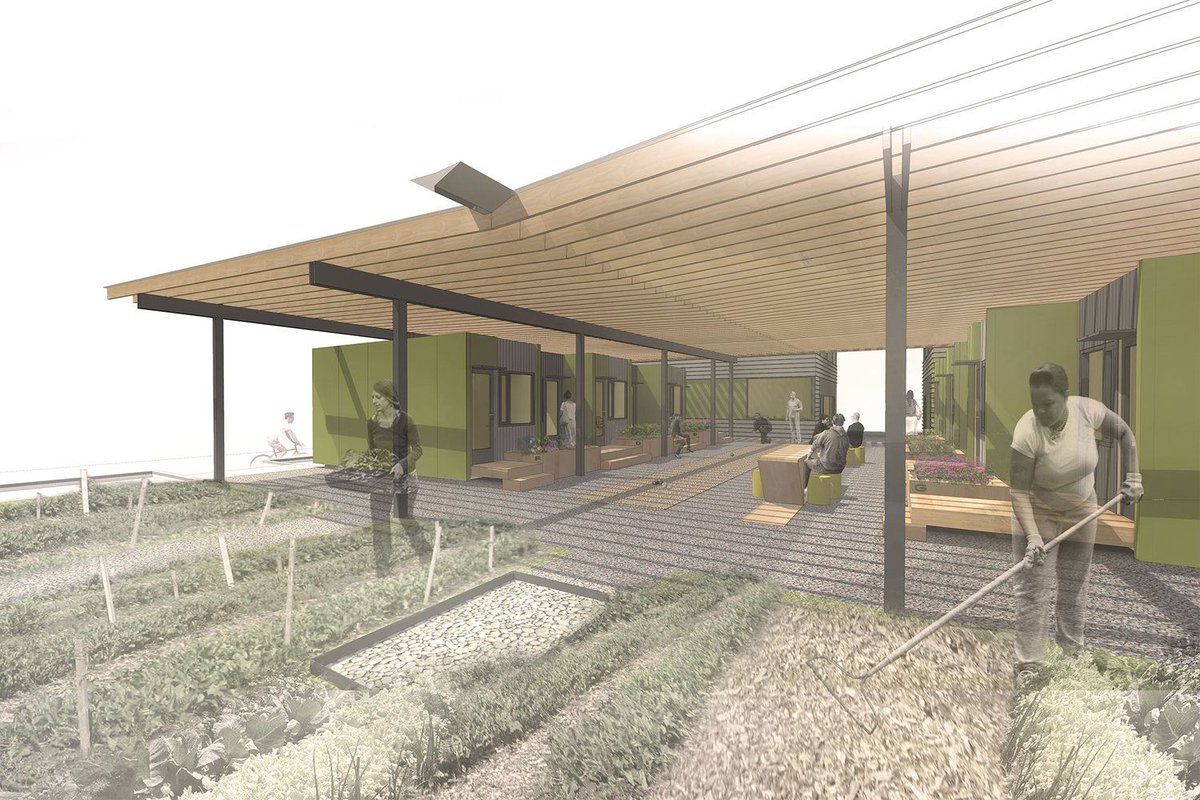 thoughtcraftarc's tweet photo. An idea for urban housing that helps address the problem of homelessness in urban centers by providing a stable, engaging place to live. Community is fostered through common activities and interactions that build and strengthen personal relationships. https://t.co/GzIC5wDF4R