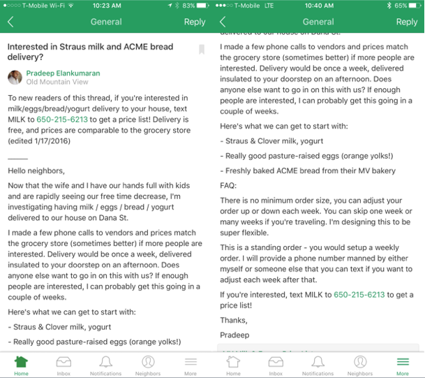 Curious if other folks had this problem, we posted on Nextdoor. We got 200 sign ups in 2 days for a weekly milkman-like grocery delivery offering.
