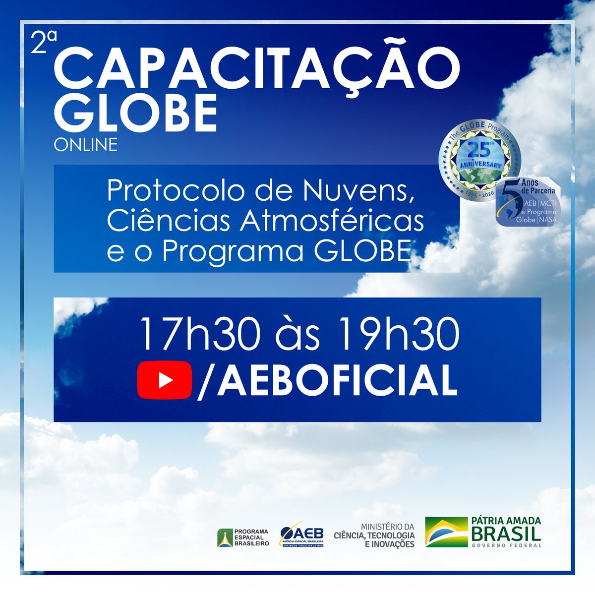 espacial_aeb's tweet photo. O vídeo do primeiro dia de capacitação do @GLOBEProgram, parceria entre AEB e @NASA, já está disponível em nosso canal: https://t.co/vjjgAgzp7x.

#capacitacaoglobe #programaglobe #globeprogram #nasa #funcate #aeb #MCTI https://t.co/ERRth8uTTV