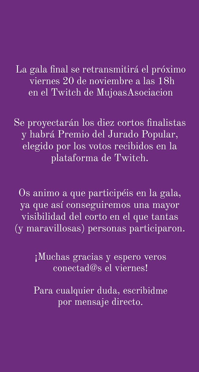 annie_aine's tweet photo. El proyecto Mírame ha sido seleccionado cómo finalista en el III Concurso de Cortometrajes organizado por Mujoas Asociación.
La gala será por Twitch, os dejo la info en las imágenes.

Y el enlace al corto por si no lo habéis visto: https://t.co/kDoV2jMQCf https://t.co/1L8Z9y4oKJ