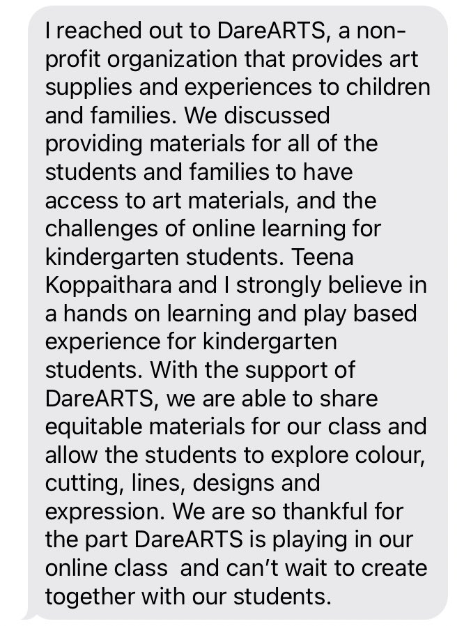 My kindy teaching partner <a href="/champlaintrail/">champlaintrailps</a> Tina Park did something amazing! She applied to DareARTS to secure art supply boxes for all our K1 children! Our students will be thrilled to have extra special resources during our online time together. Tina’s message ⬇️ 💕@PeelArts1