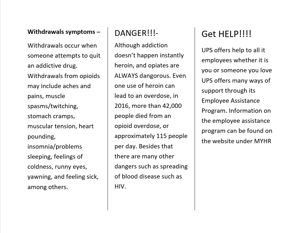 UPS_CTBaSE's tweet photo. To help our employees stay informed about the dangers of opioids and the availability of assistance we created a pamphlet. @safetyfirstNED @NortheastBaSE #NEDNovember2020takeaway https://t.co/T3vEjIqAqk