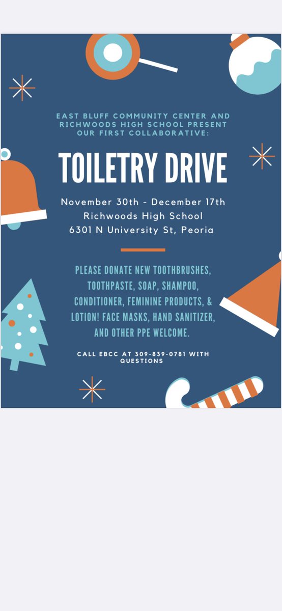knightpositives's tweet photo. Richwoods, in collab w/  the East Bluff Community Center, will be hosting a Toiletry Drive to help those in need. There will be a bin outside of RHS to drop off items. Please consider donating to this cause!  #StudentLeadershipTeam @Cemken1 @amy_adamow @MarlieHeider @davidwebb917 https://t.co/VwtVK51oEt