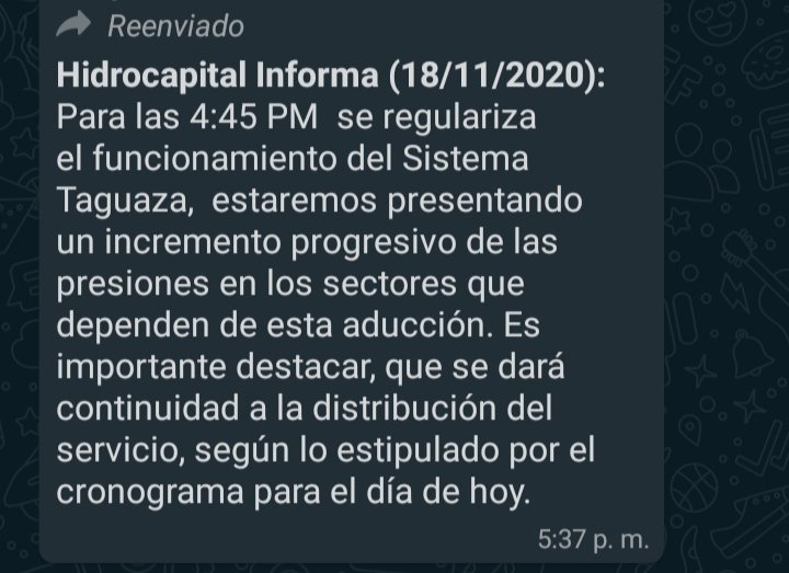 #18Nov 4:45pm | Les comparto información de Hidrocapital sobre #Taguaza para #Guarenas y #Guatire

Esperemos que esta vez sí se mantenga el funcionamiento de Taguaza y no se reporte una nueva avería 🙏