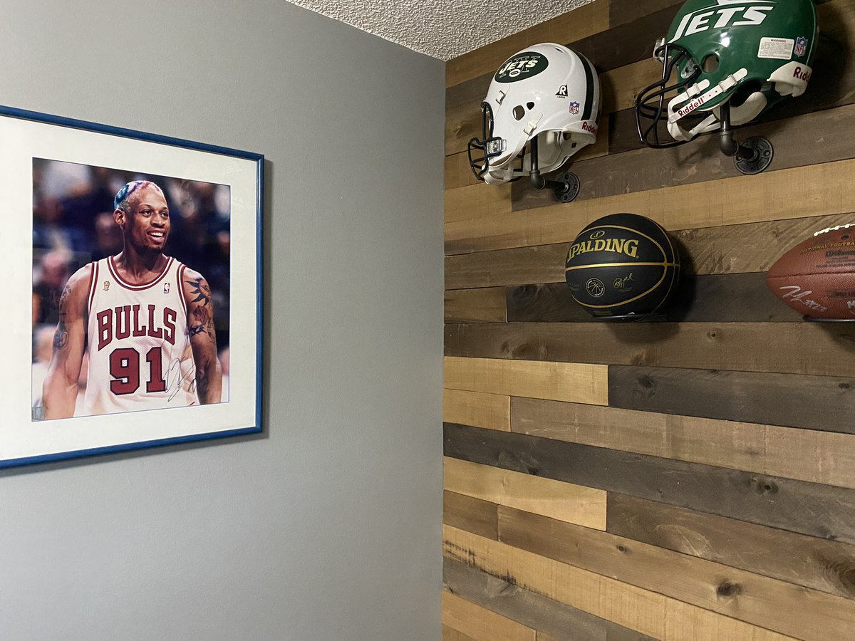 Gym flooring down. Shelving and memorabilia is up. All super sentimental stuff.
