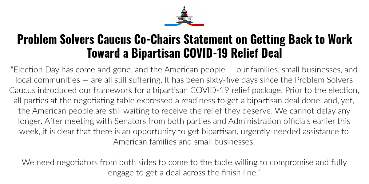 ProbSolveCaucus's tweet photo. Problem Solvers Caucus Co-Chairs Statement on Getting Back to Work Toward a Bipartisan COVID-19 Relief Deal https://t.co/yblT2JS6sO
