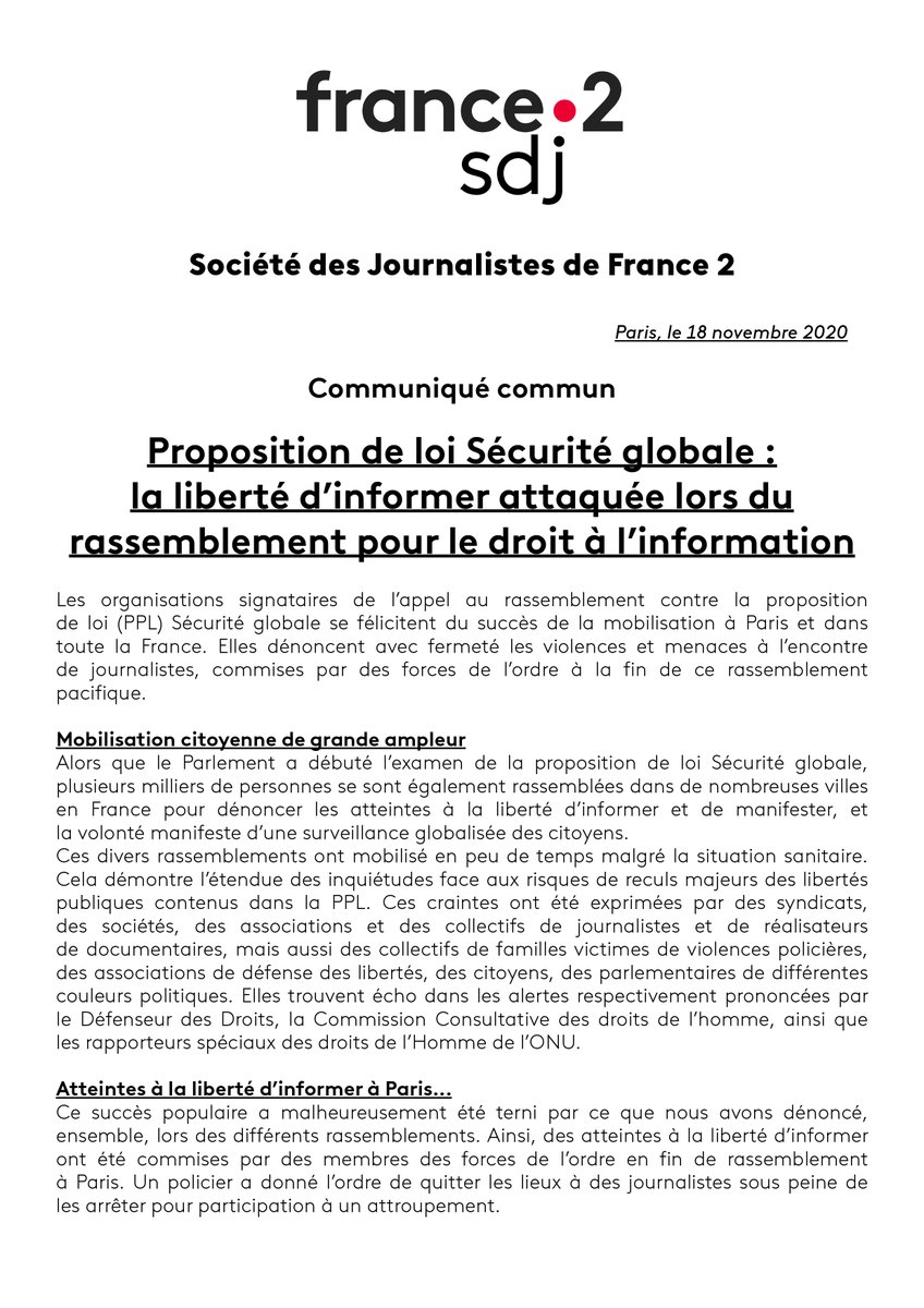SDJFranceTV's tweet photo. Ces éléments donnent l’illustration d’une dérive autoritaire contre laquelle jamais nous ne céderons.
Une trentaine de SDJ, SDR, syndicats, associations... dont la @SdjFrance2, signent un communiqué commun pour dénoncer l'attaque de la liberté d'informer. #PPLSecuriteGlobale https://t.co/vfLmiOJpwS