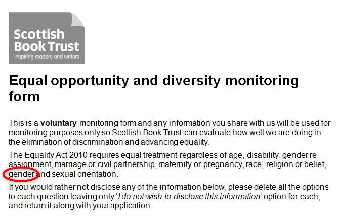 Hi  @scottishbktrust  @EHRC  @EHRCChair  @KishwerFalkner  @RJHilsenrath  @trussliz  @GEOgovuk The Equal opportunity and diversity monitoring form in your job application has 'gender' in a list of the protected characteristics under the Equality Act 2010.1/12