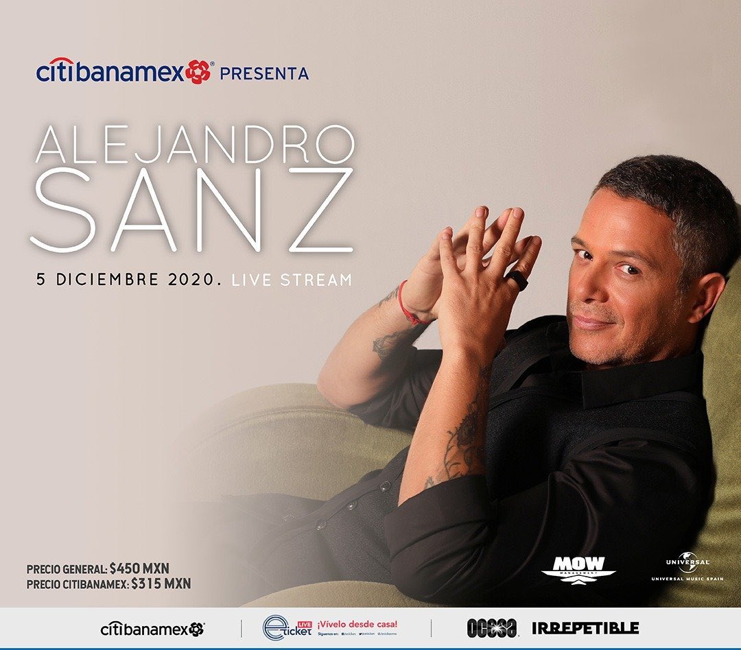 💥CONCIERTO DIGITAL💥 

Alejandro Sanz ofrecerá un concierto en #Irrepetible 

🗓 El próximo 5 de Diciembre, vía streaming para todo el mundo

Los accesos podrán adquirirse a partir del 18 de noviembre en eticket.events/AlejandroSanz/ #AlejandroSanz