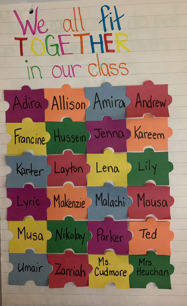 MHeuchan's tweet photo. We all belong and are an important piece of our classroom family! #BullyingAwarenessWeek #PinkDay #ClassPuzzle @GEVSchool @MrBurkhart123 https://t.co/SDsoGQxhIl