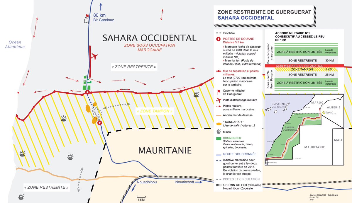 ElliLorz's tweet photo. Cartographie de #Guerguerat au #SaharaOccidental et des restrictions pour cette zone - suite au cessez-le-feu de 1991, signé par le #polisario et le Maroc.
#WesternSahara #bufferzone #MINURSO #UNfair #UnitedNations #Mauritania #separationwall #referendumnow #SaharaLibre https://t.co/8b5zTopUDb