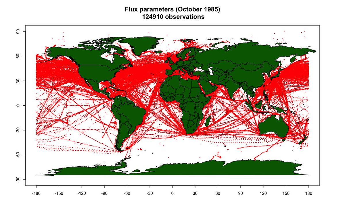 'Flux' observations 1985 vs 2017. Each red dot is where we had observations of the parameters required to estimate the air-sea fluxes (LHF, SHF and stress). Much better coverage in the 1980s. Only obs. from ships shown, 125k (Oct 1985) vs 97k (Oct 2017) (1/2). #WMOData #GOOS