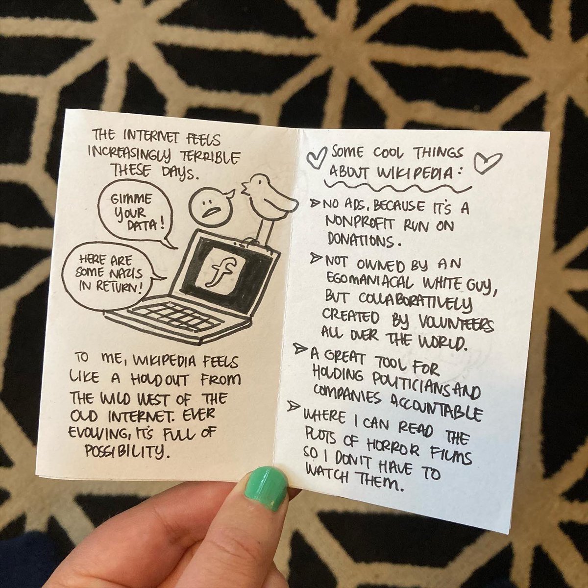 mirkwork's tweet photo. I was going to make a zine about how depressing Twitter is right now, but instead decided to celebrate a part of the internet I love: Wikipedia! https://t.co/MYANzTuwtS