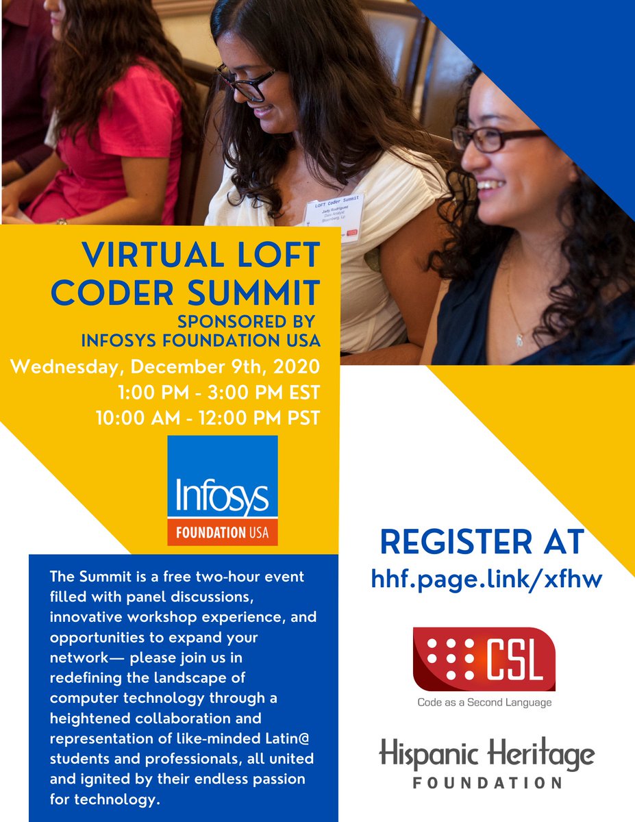 HHFoundation's tweet image. You are invited! 

@HHFoundation &amp;amp; @InfyFoundation are hosting the 2020 Virtual LOFT Coder Summit as #LatinxCoders gather to share ideas, energy, and cultural pride!

Register TODAY!: hhf.page.link/xfhw
#CSEducation #DiversityInTech #LatinxOnFastTrack