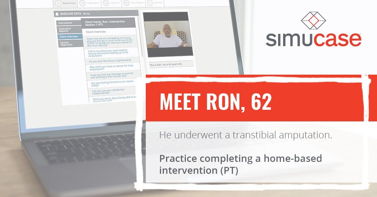 Simucase's tweet photo. A new patient for PT! Let us introduce you to Ron!
Learn more about him here: https://t.co/oj6jgZvvzZ
#ptstudent #pt2b #pta2b #FuturePTs #FuturePTAs https://t.co/ZF4rWgUkpM