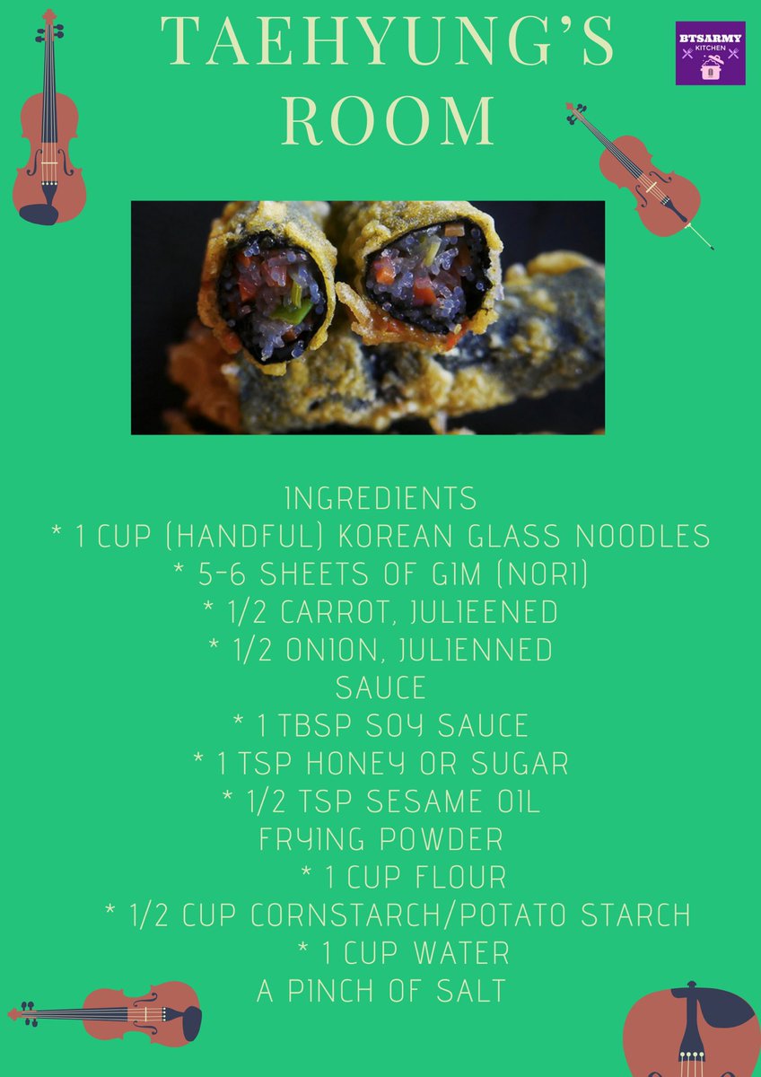BTSARMYKitchen's tweet photo. Taehyung’s room concept: Mellow Comfort.
The mellow color palettes on the walls & the classical beauty of the violin gave us a sense of soothing.
For the dish we picked Gimmari one of Tae’s favorite & a tea spritzer
#Curated_by_BTSARMYKitchen
#PathToBE #BEisComing @BTS_twt https://t.co/Sc1xTb9Eru