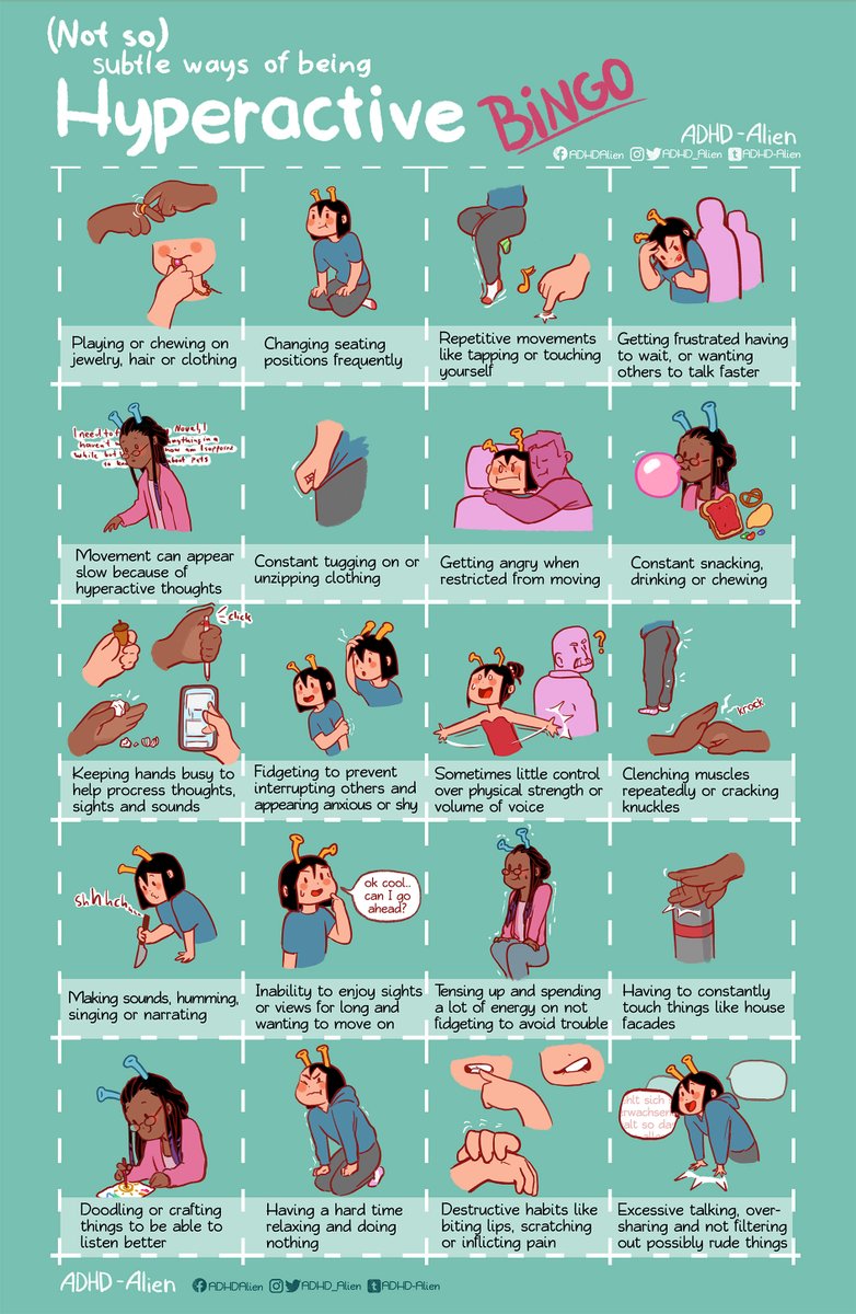 I used to think I can't have ADHD because I wasn't hyperactive. 
Not everyone can allow themselves to act on their hyperactivity, so we find ways to redirect or hide the understimulation. 

(Sneak introduction to the new inattentive Alien! A hommage to a collab I did with René❤️)