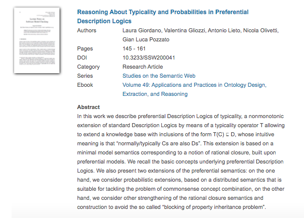 antoniolieto's tweet image. The paper &quot;Reasoning About Typicality and Probabilities in Preferential Description Logics&quot;is now published in the book &quot;Applications and Practices in Ontology Design, Extraction, and Reasoning&quot; ebooks.iospress.nl/volumearticle/… @diunito #AI #CommonsenseReasoning #DescriptionLogics