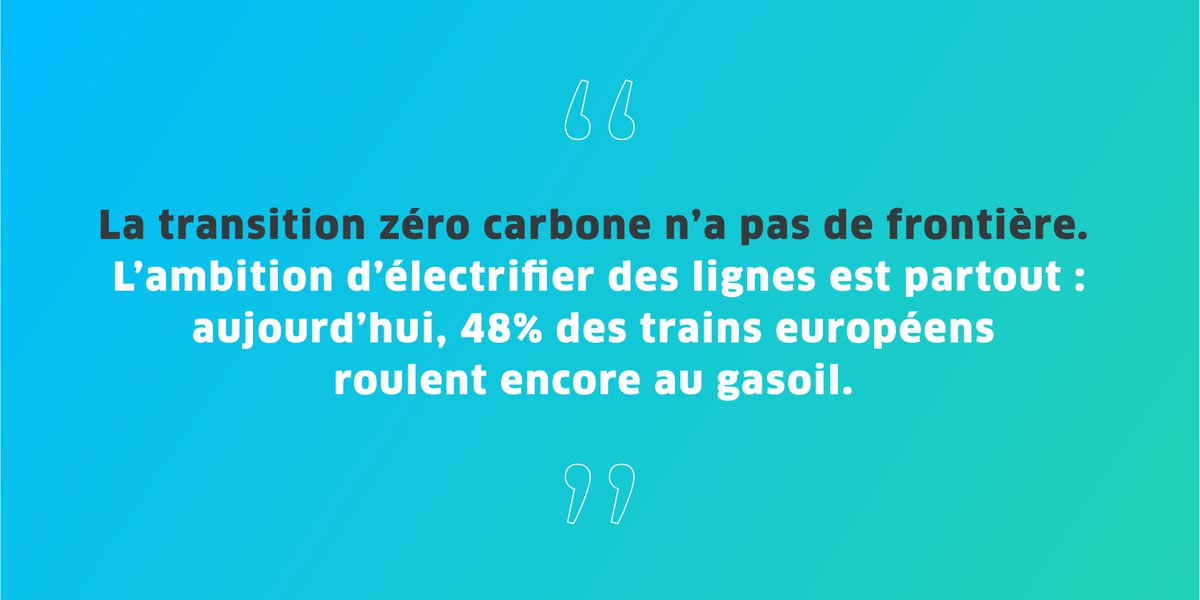 Aujourd’hui en Europe, 1 🚄 sur 2 est électrifié, 1 🚄 sur 2 est encore au gasoil ! Le potentiel de transformation, auquel nous devons prendre part, est conséquent. 
Demain, la #mobilité ferroviaire aura de multiples sources d’#énergie : l’#électricité, l’#hydrogène et le gaz.