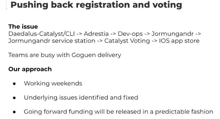 3/6Voting Update: 50/50 that Dec 9th roadmap to be met due to complexity of the integrations BUT very steady progress IOG teams pre-occupied with primary goal of Goguen delivery Including working weekends for Catalyst  future funding to be released in predictably