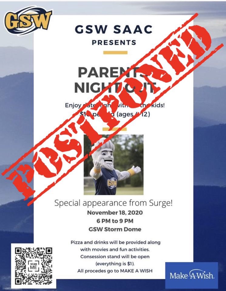 SaacGsw's tweet photo. Sorry parents, the GSW SAAC Parents Night Out has been POSTPONED! 
🌟🌟🌟🌟🌟🌟
Stay tuned for a new date for this fun filled event! We look forward to seeing you all there! #MakeAWish 

@GSWAthletics @GSWCanes https://t.co/6a5WD8BRdg