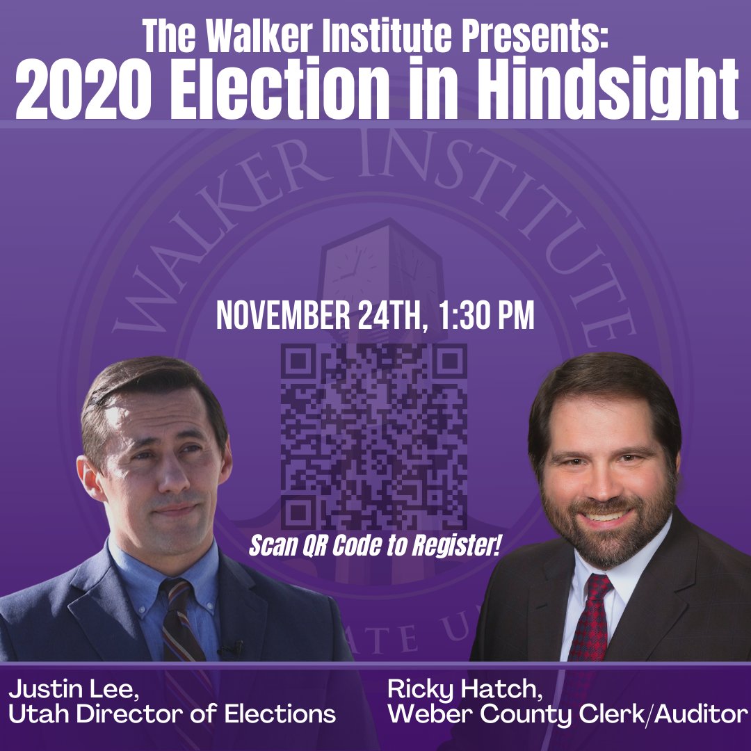 WSUPEC's tweet photo. Upcoming opportunity!! 2020 Election in Hindsight on Nov. 24 at 1:30 p.m. Register to attend here: https://t.co/meeyVKzftm
Listen to the director of Utah Elections, Justin Lee, and Weber County Clerk/Auditor, Ricky Hatch. #WeberStateVotes #BigSkyVotes https://t.co/NpRGzkGA3T