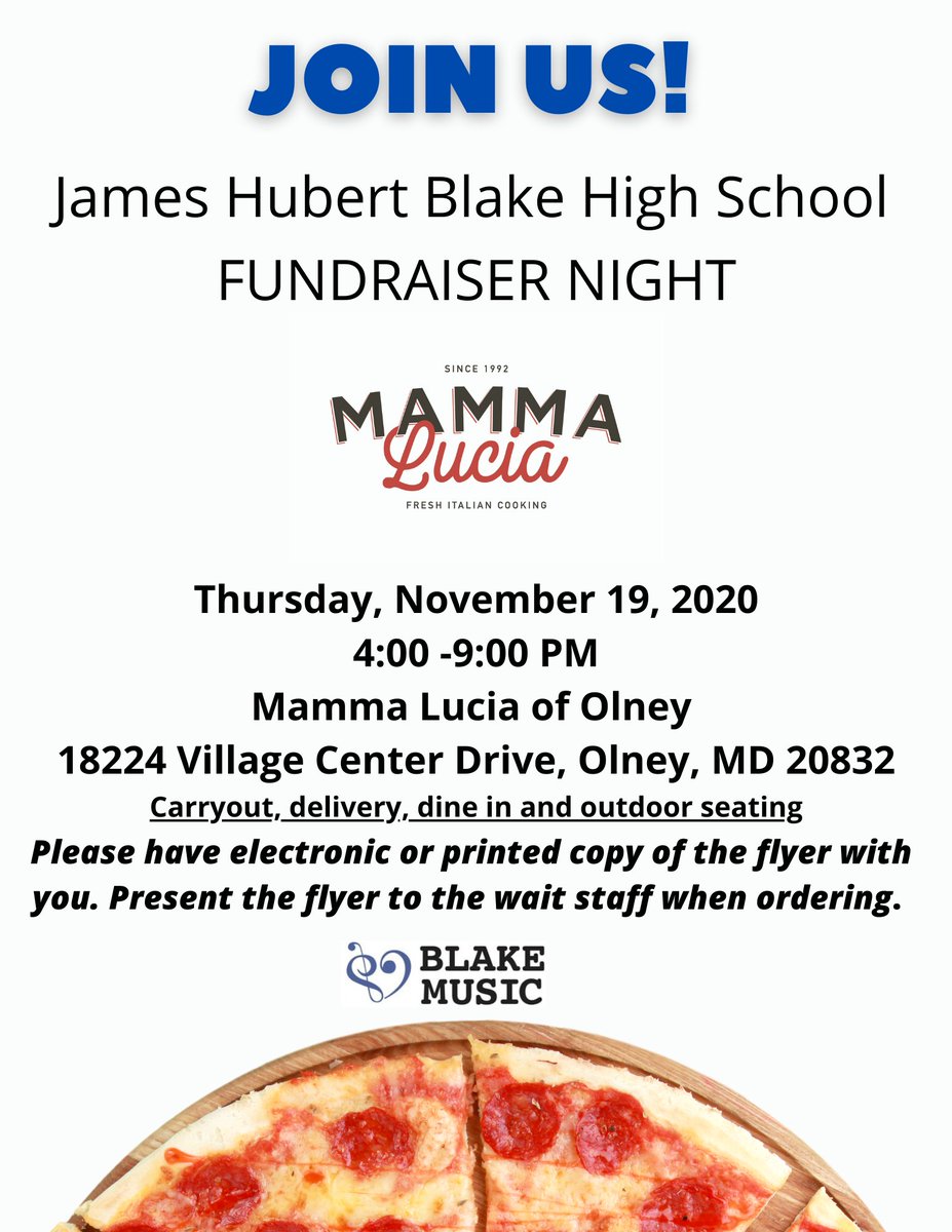 Please support the Blake Music Department tomorrow (11/19) at Mamma Luccia in Olney while getting some terrific food!!!!!