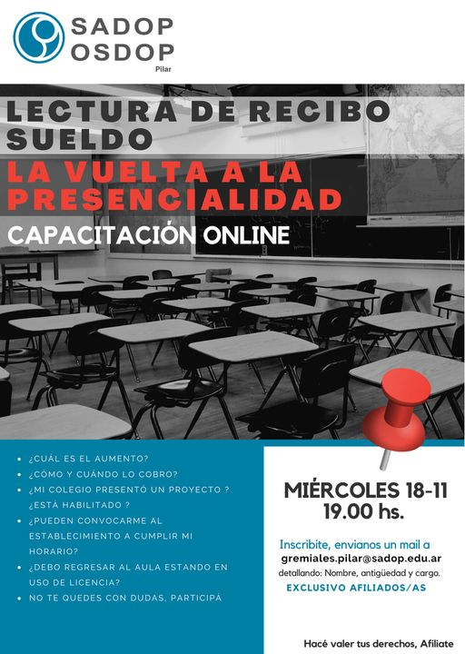 sadoppba's tweet photo. @SadopPilar  invita 👇
"Taller de lectura de recibo de sueldo" 
🗓 HOY
🕖 19:00 hs.
Para participar escribí a gremiales.pilar@sadop.edu.ar detallando: Nombre, cargo y antigüedad. https://t.co/eQH1lBi865