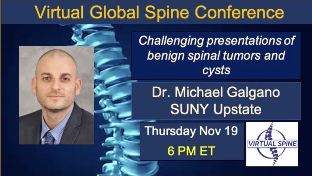 Join tomorrow for <a href="/virtualspine/">Virtual Global Spine Conference</a> with <a href="/MGalganoMD/">Michael Galgano MD</a> ! Benign spinal tumors - what does this mean? Spine cysts, sounds like CSF to me 🧐 ? Join and find out. #spinetwitter #MedStudentTwitter #neurosurgery
