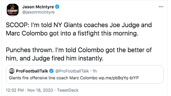 As you may have seen there is a lot chatter today about the Giants firing their offensive coach. While mildly interesting I guess, the bulk of interest is because of one person's tweet which has since been debunked many many many times by much much much more credible people