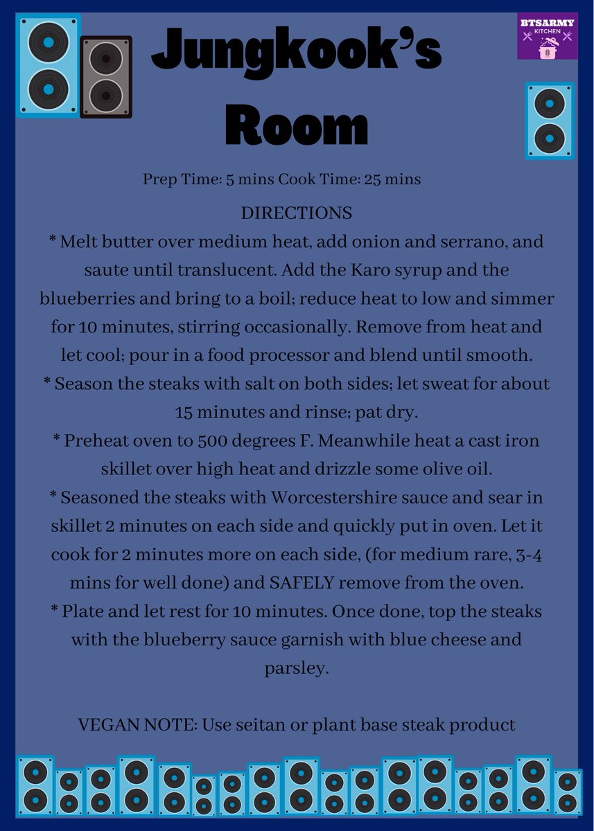 BTSARMYKitchen's tweet photo. Jungkook’s Room Concept: Rhythm & Blues
Jungkook’s room speaks volumes of his love for music. Yet the leather couch shows durability, protection & power. We decided to do a Rhythm & Blues pair of royal martini & steak.
#Curated_by_BTSARMYKitchen
#PathToBE #BEisComing @BTS_twt https://t.co/GIC9ZVpCzO