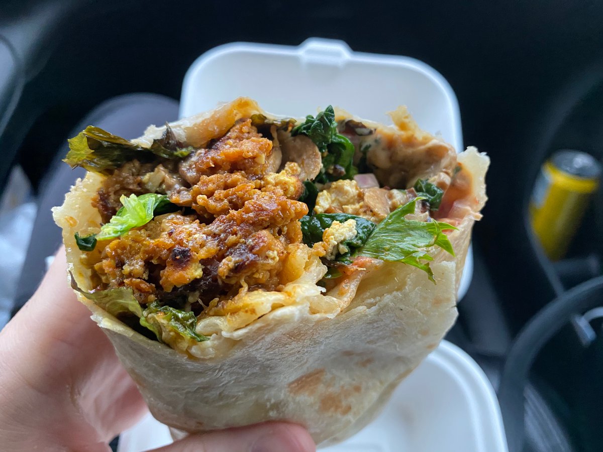 Bunny’s Kitchen protein packed vegan breakfast burrito/ with tofu, veggies, and <a href="/VeryGoodButcher/">Very Good Butchers</a> patty. #yyjvegan