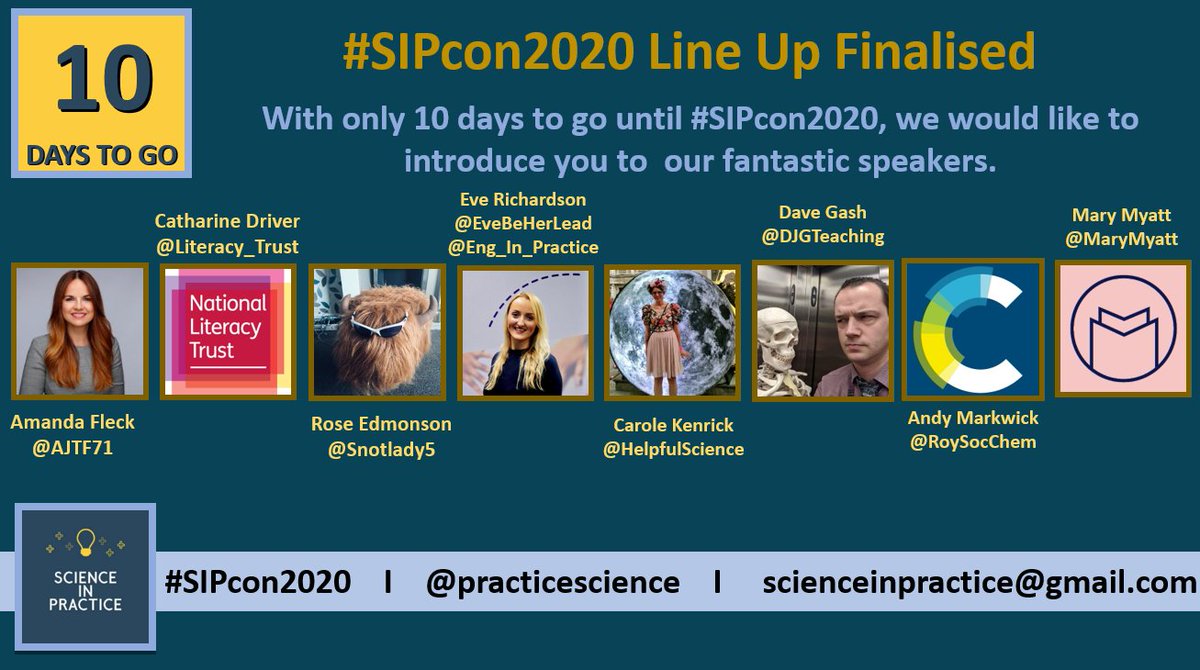 ONLY🔟 DAYS TO GO!

We are thrilled to announce the finalised line up for #SIPcon2020!

Our fantastic speakers are:
<a href="/AJTF71/">Amanda Fleck 🔬</a> <a href="/Literacy_Trust/">National Literacy Trust</a> <a href="/Snotlady5/">Rose Edmondson</a> <a href="/EveBeHerLead/">Eve Richardson</a> <a href="/Eng_In_Practice/">English In Practice</a> @HelpfulScience <a href="/DJGteaching/">David Gash FCCT</a> <a href="/RoySocChem/">Royal Society of Chemistry</a> <a href="/MaryMyatt/">Mary Myatt</a> 

FREE tickets here: bit.ly/31Ffy2L