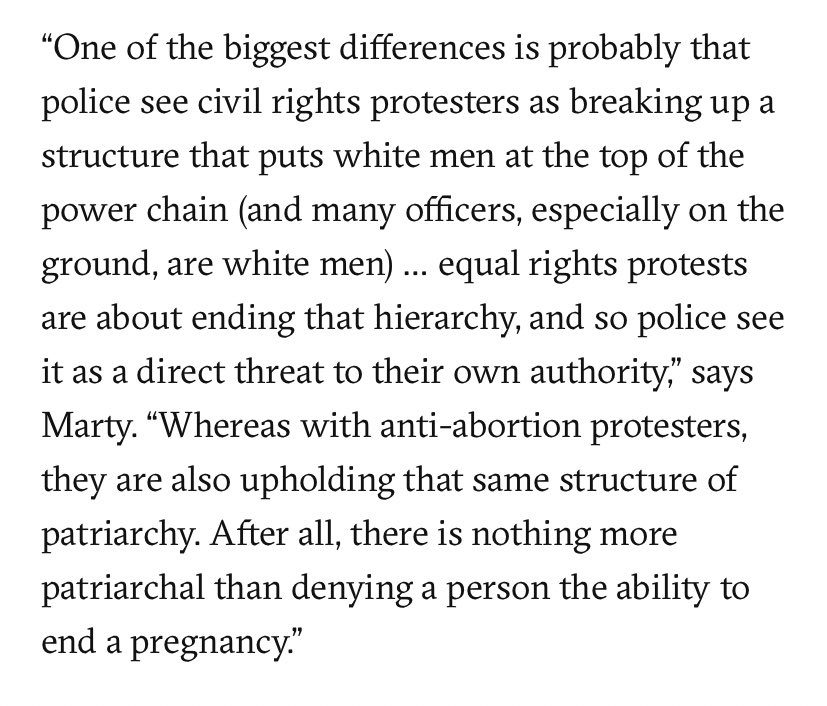 I wrote about the disparity between how police treat protesters for racial justice compared with anti-abortion protesters for  @TheRealNews and I feel like this  @robinmarty quote sums it up  https://therealnews.com/anti-abortion-protesters-get-special-treatment-from-the-police