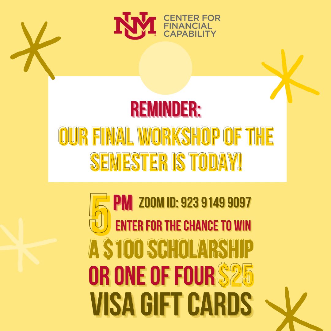 UNMCFC's tweet photo. Our last workshop of the semester is here!! Click the link in our bio to join at 5 pm &amp; learn how to read a credit report—an important part of understanding credit.
This is also your LAST CHANCE to enter in our raffle for a $100 scholarship &amp; four $25 awards! 🤑 https://t.co/N1fE8e2wP6
