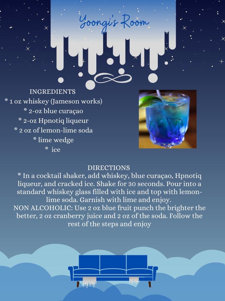 BTSARMYKitchen's tweet photo. Yoongi’s Room Concept: Velvet Blue
The concept of the velvet blue couch caught our attention due to its eye catching brightness. Pairing fish and whiskey which Yoongi loves was a no brainer, making it using blueberries wasn’t either
#Curated_by_BTSARMYKitchen
#PathToBE @BTS_twt https://t.co/lXPC2Ucpwc